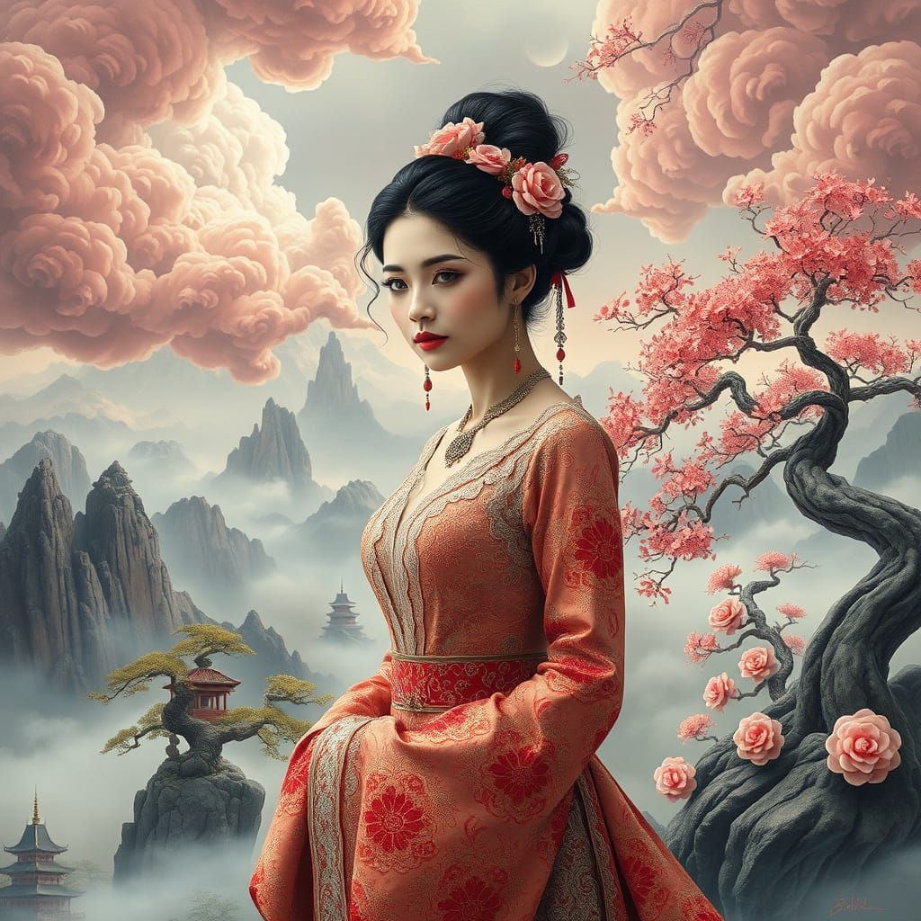 Baroque Woman with Bonsai and Misty Mountains