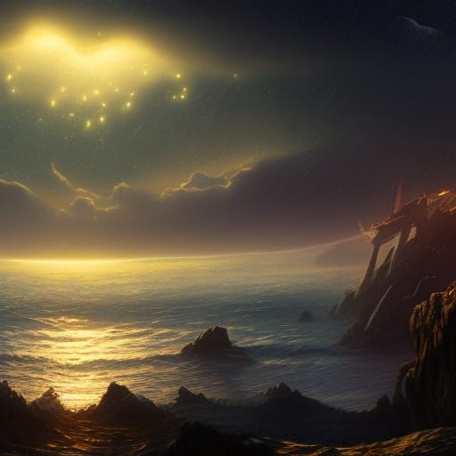 Starry Ocean Night: Detailed Matte Painting