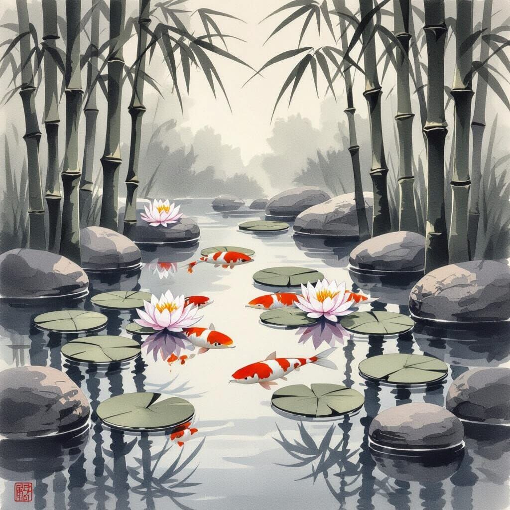 Serene Koi Pond with Geometric Stones and Bamboo