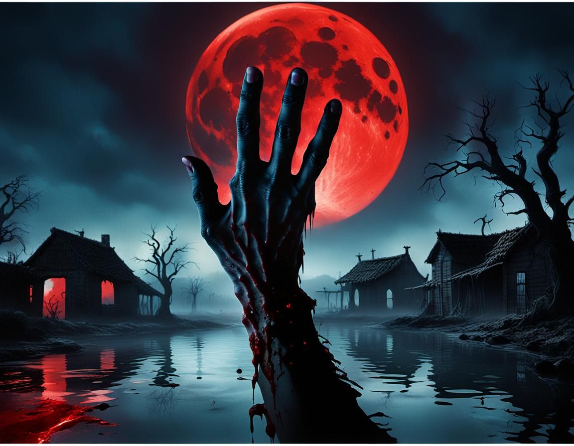 Zombie Movie Poster with Red Moon and Charred Hand