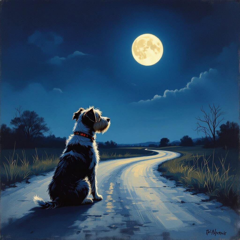 Lonely Dog on Winding Road Under Quarter Moon
