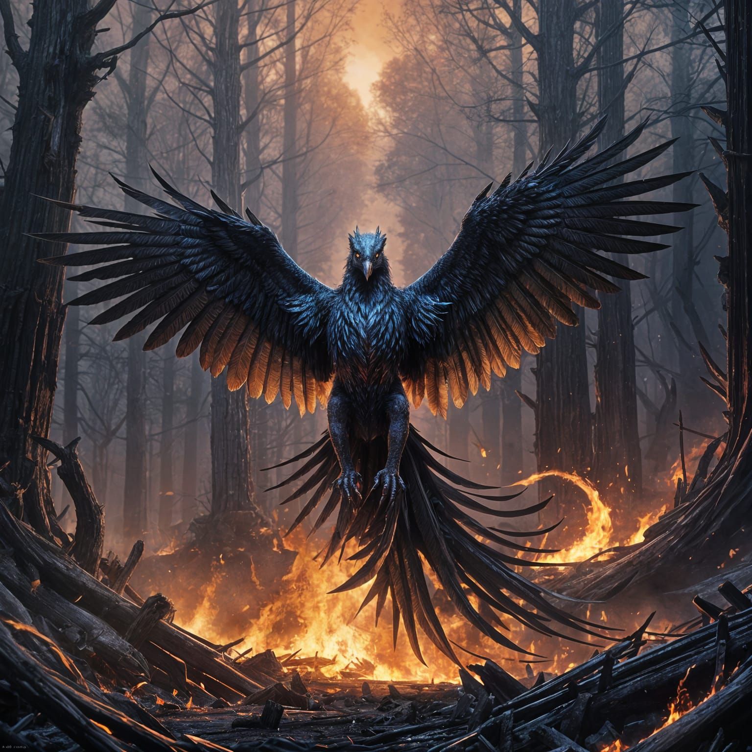 Dark Firebird Emerges from Inferno in Cyberpunk-Inspired Art