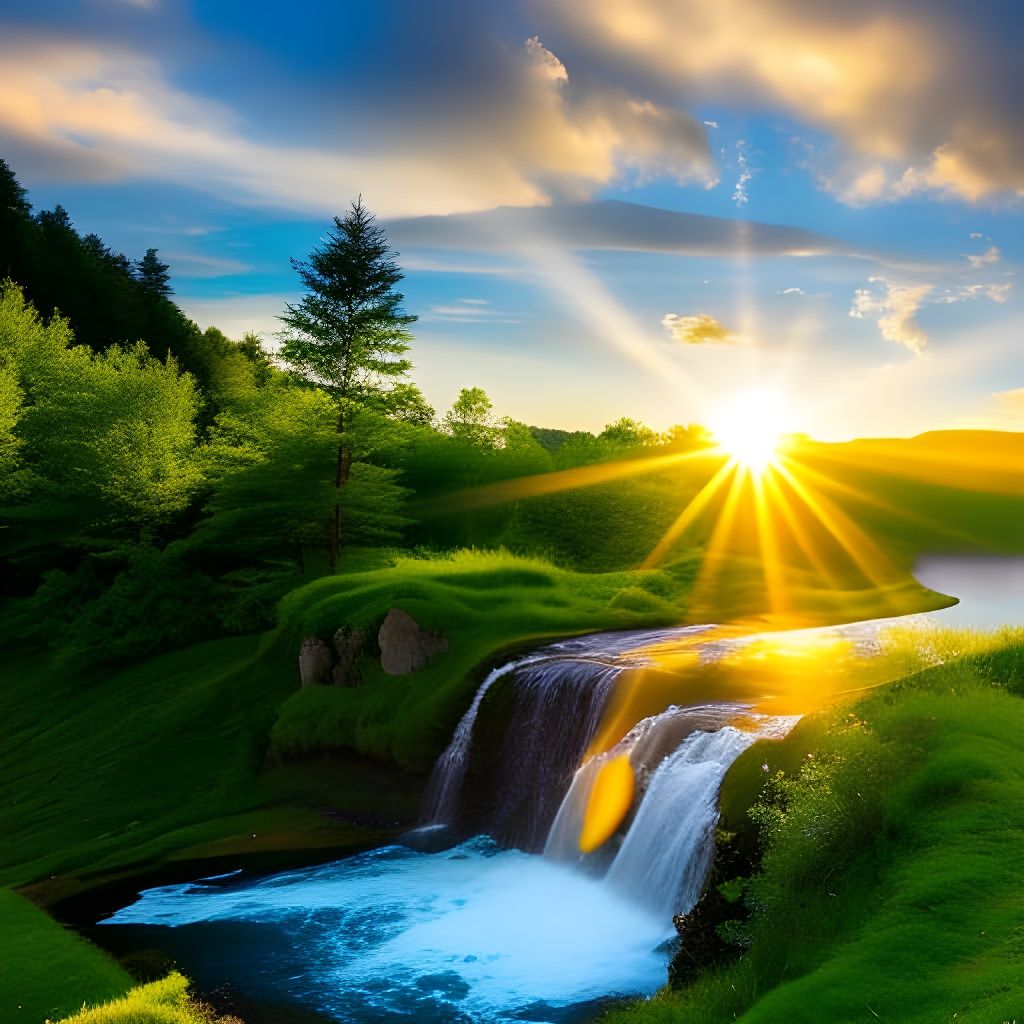 Ethereal Waterfall Scene with Divine Light
