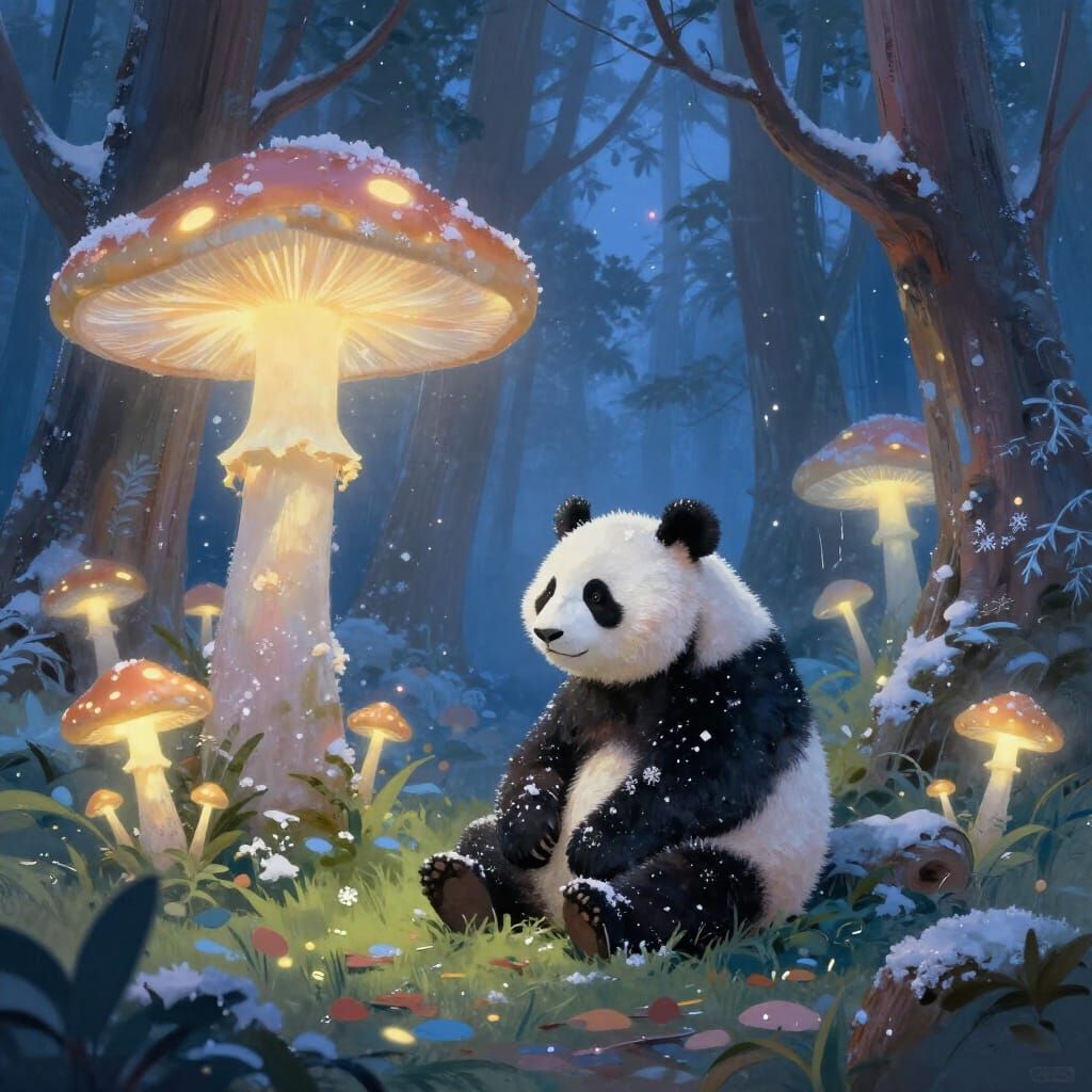 Panda in Enchanted Forest with Snowflakes and Glowing Mushro...