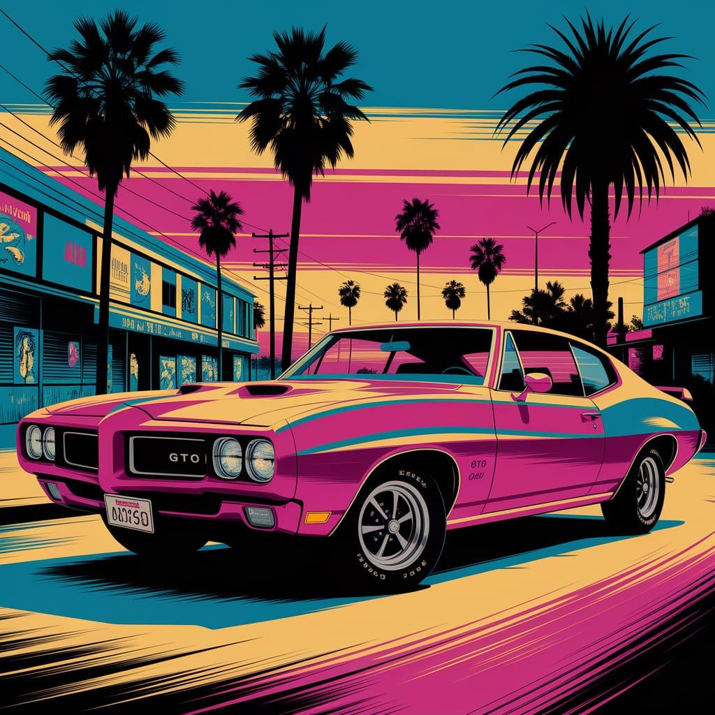 Vintage Pontiac GTO on Sunset Boulevard in Graffiti Art