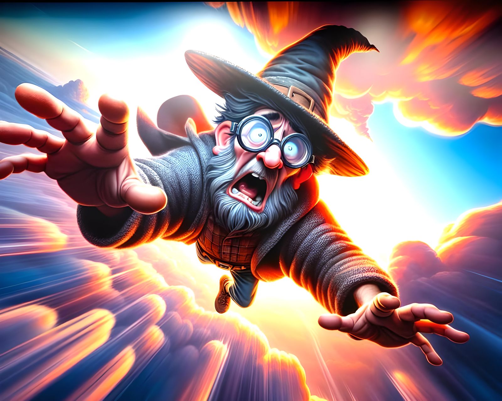 Terrified Wizard Plunges From Sky in Comic Art Style