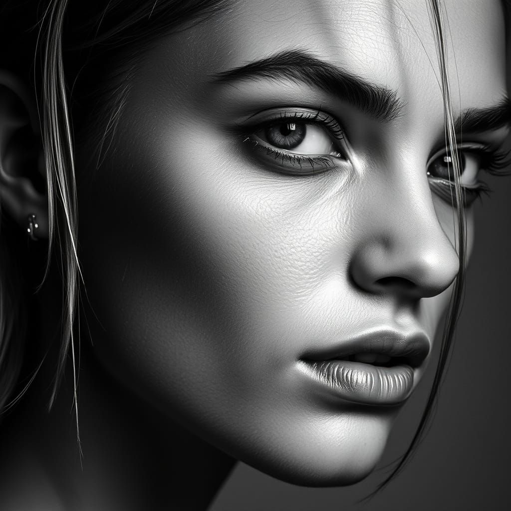 High-Contrast Black and White Portrait in Hyper-Realistic St...