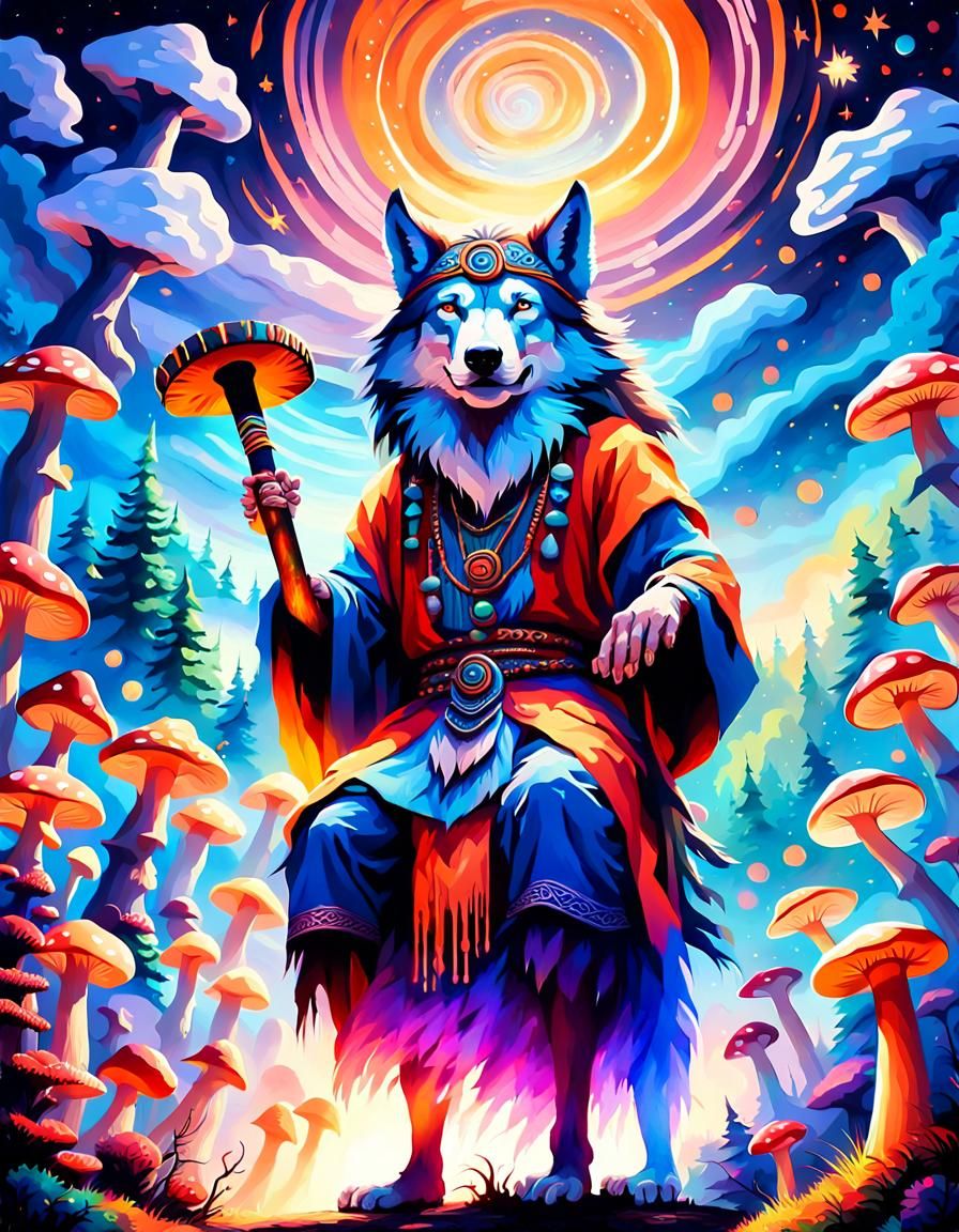 Shaman on Wolf Plays Didgeridoo in Fantasy Art
