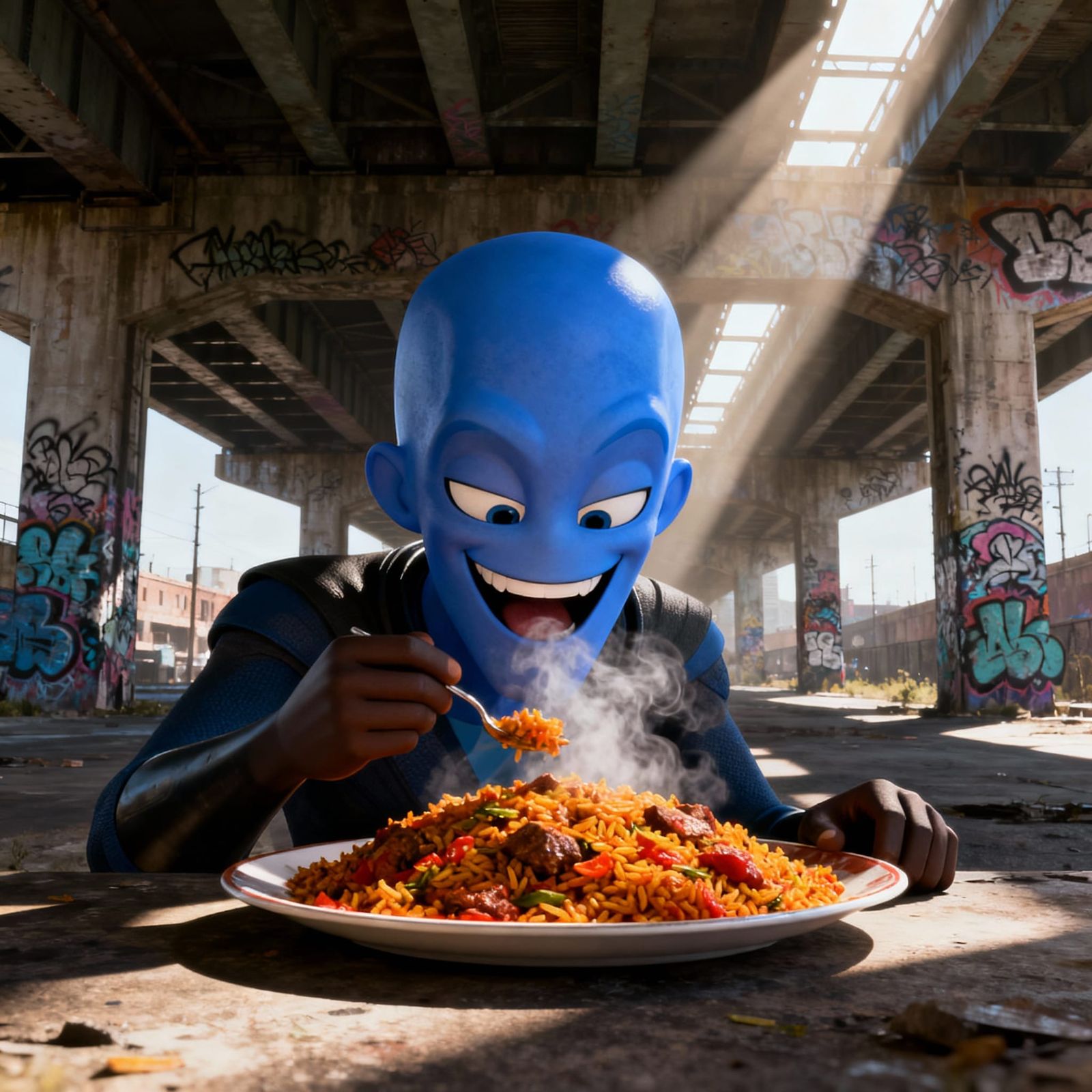 Megamind Eats Jollof Rice Under Urban Bridge