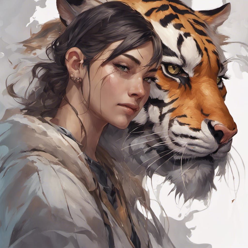 Tiger-Furred Human Portrait in Hyperdetailed Style