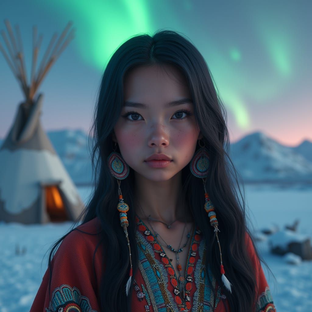Indigenous Woman Under Northern Lights: 3D Anime Art