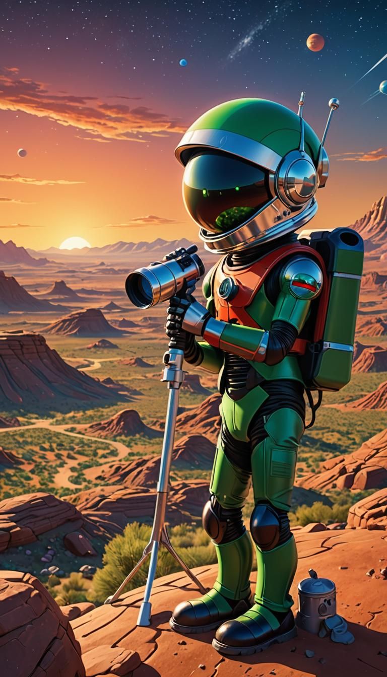 Looney Tunes Martian Astronomer in Retro Futuristic Landscap...