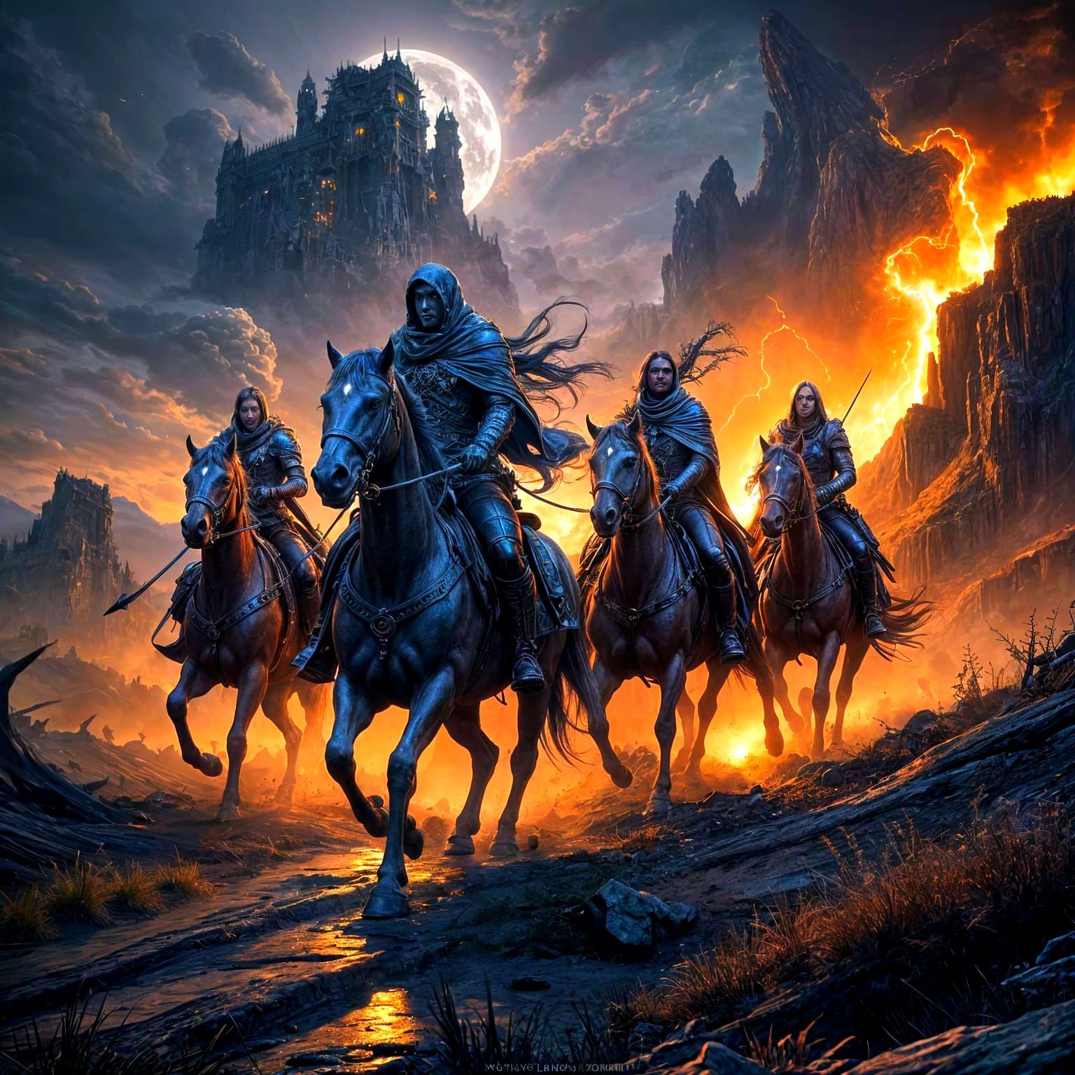 Dark Fantasy Four Horsemen Concept Art in Hyperdetailed Styl...