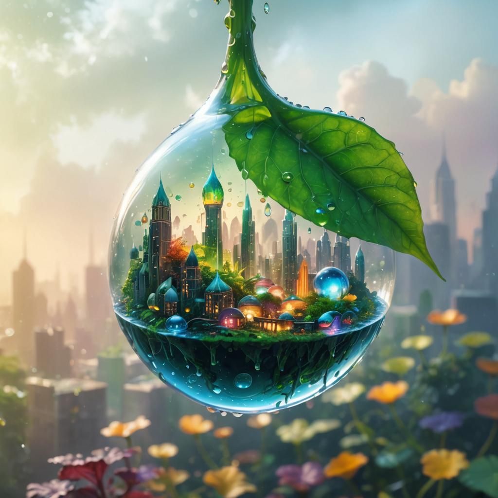 Glowing City in Water Droplet: Afrofuturist Macro Shot