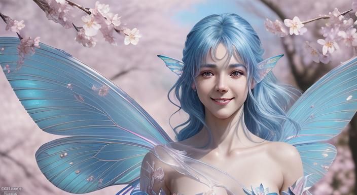 Smiling Blue-Haired Fairy with Transparent Wings