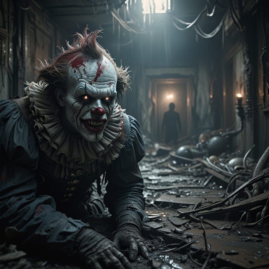Evil Clown in Grotesque Close-Up: A Surreal Horror Scene