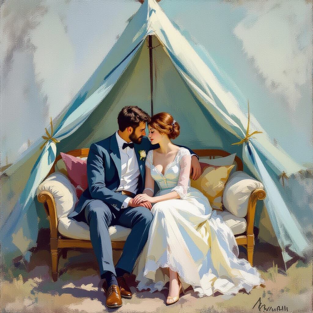 Couple in Love Seat Before Blue-Green Tent, Impressionist St...