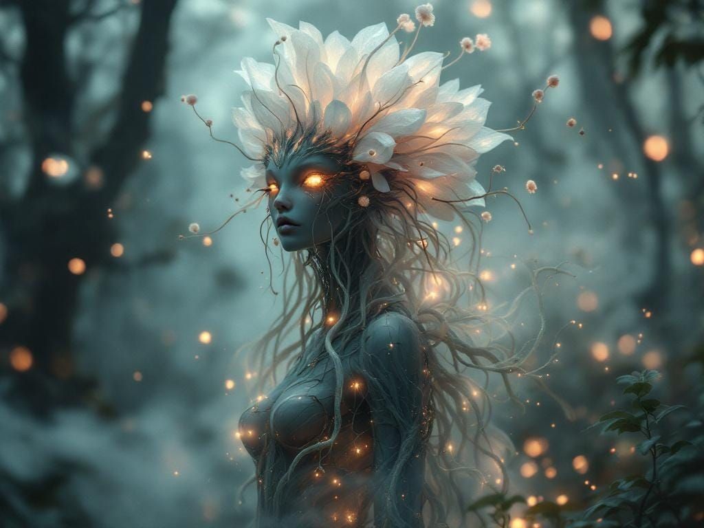 Ethereal Forest Spirit with Bioluminescent Flora