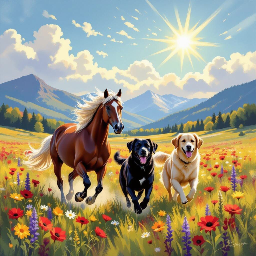 Arabian Mare and Dogs Gallop Through Wildflowers in Vermont