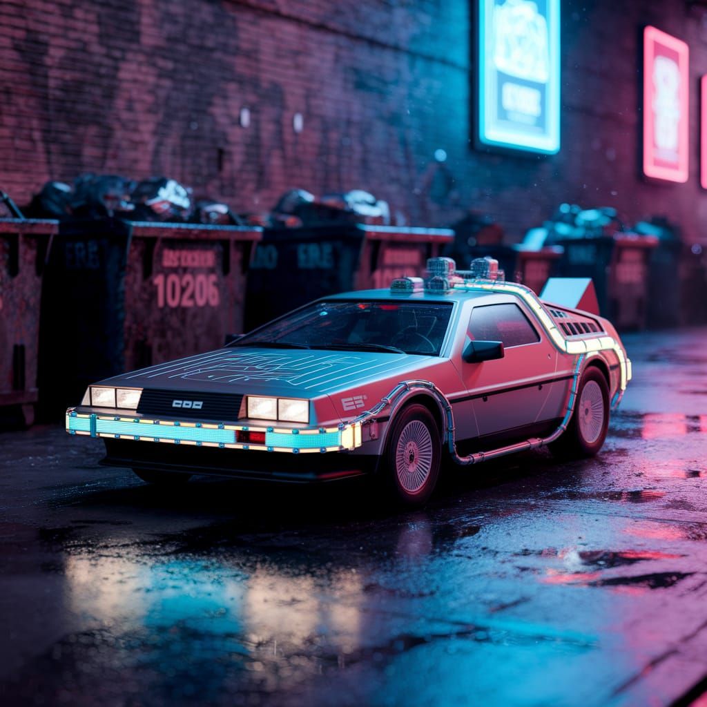 Cyberpunk DeLorean Time Machine in Neon Alleyway