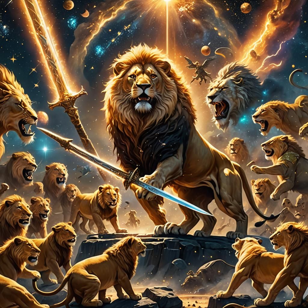 Leo Lion galaxy constellation astrology forged in the cosmic fires of creation a sword shimmering in golden sunlight and...