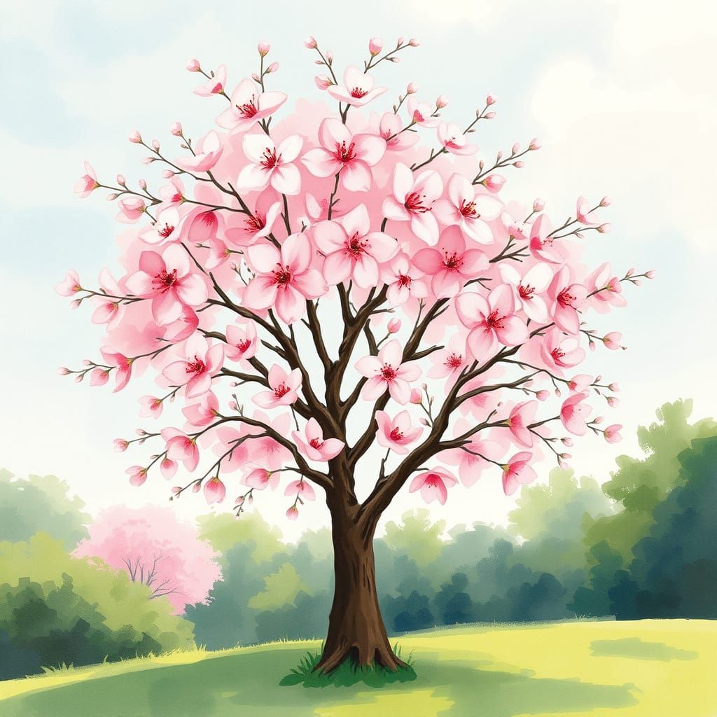 Serene Cherry Tree in Watercolor Summer Landscape