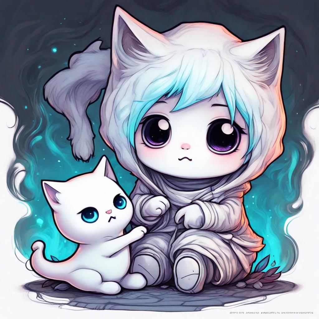 Adorable Chibi Ghost with Kitten: Digital Anime Art