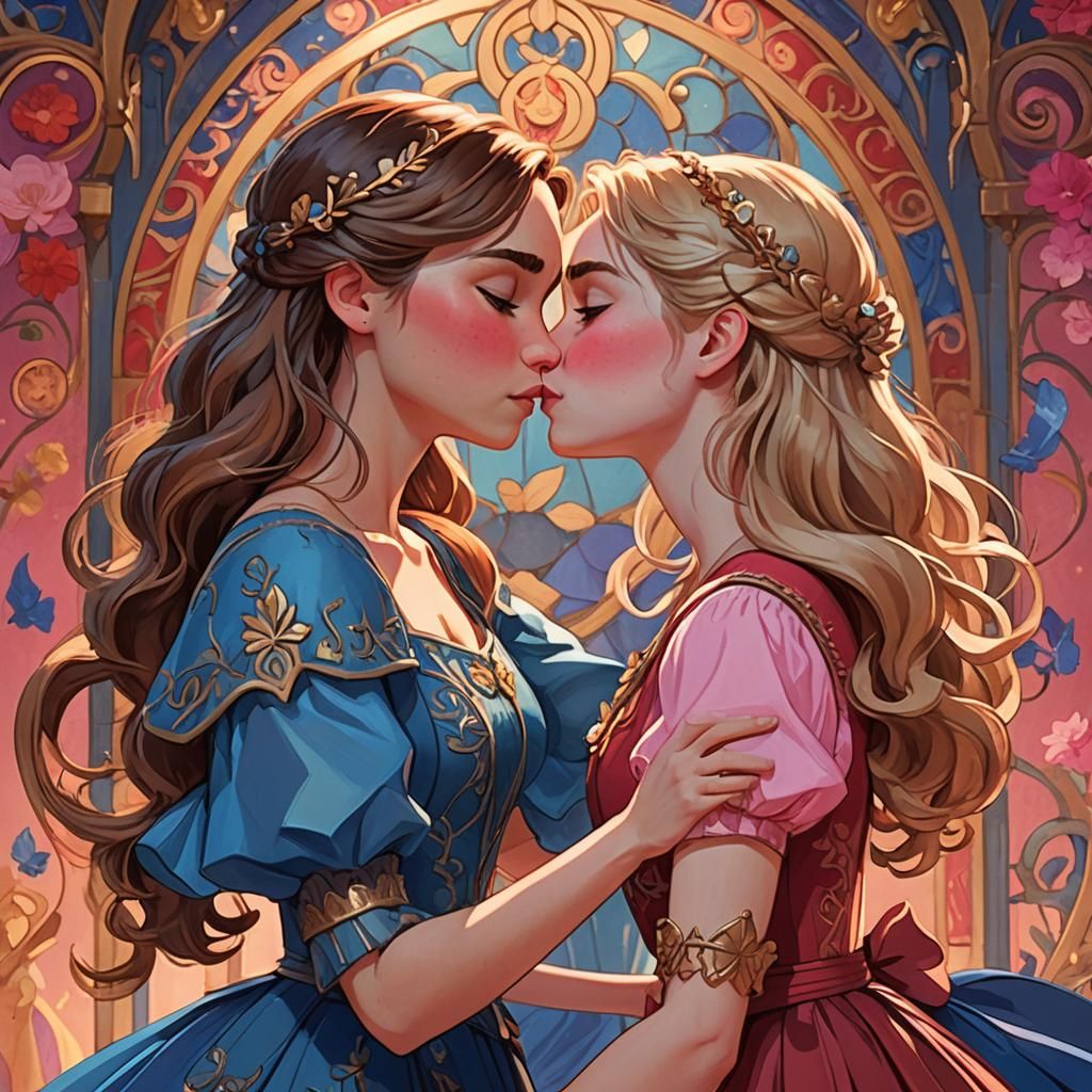 Two Girls Kissing in Art Nouveau Pixar Style