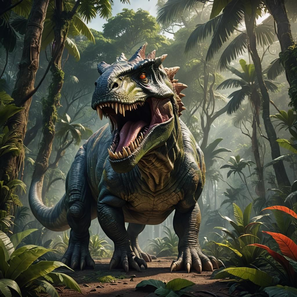 Furry Dinosaur Roaring Through Jungle, Detailed Matte Painti...