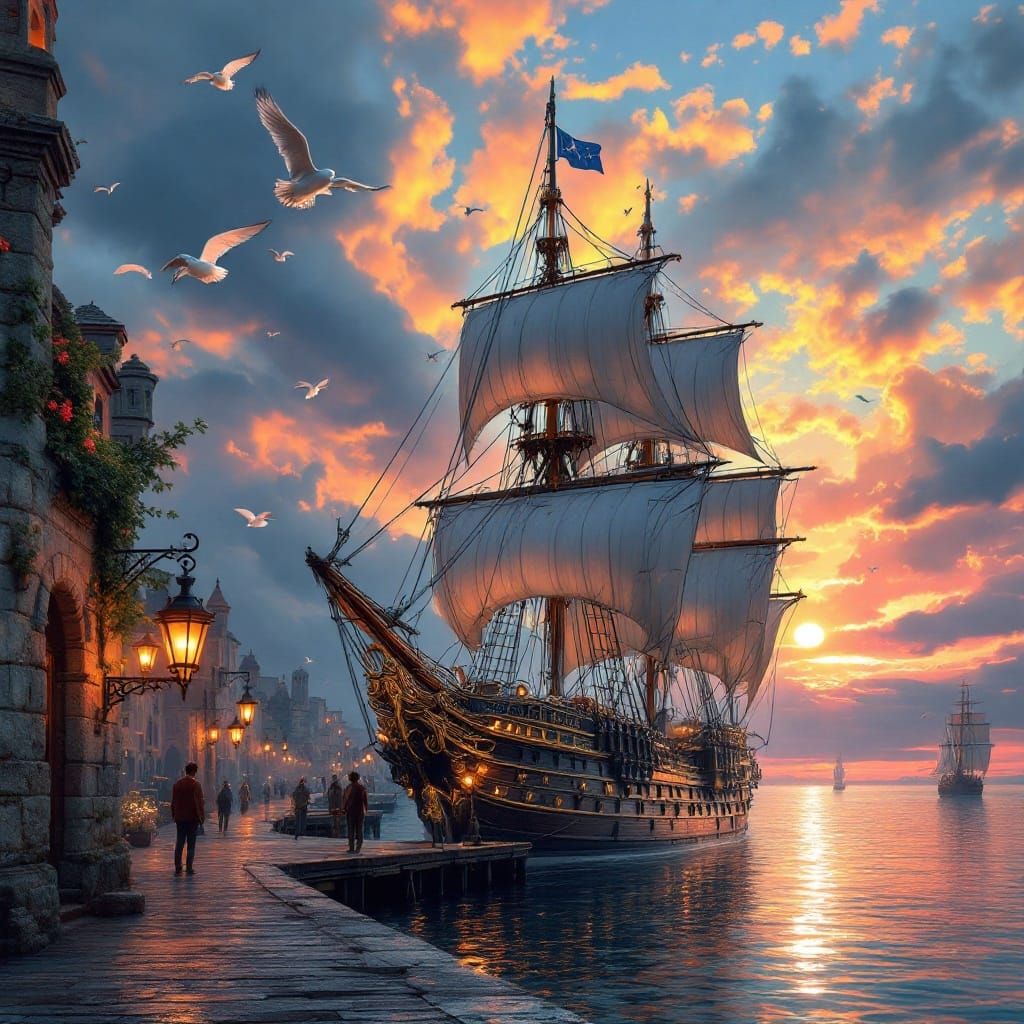 Majestic Sailing Ship Docks in Ancient Harbor at Sunset
