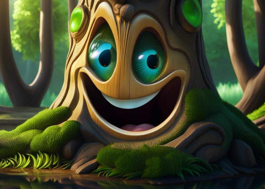 Smiling Tree Face Reflects in Pond: Photorealistic 4K