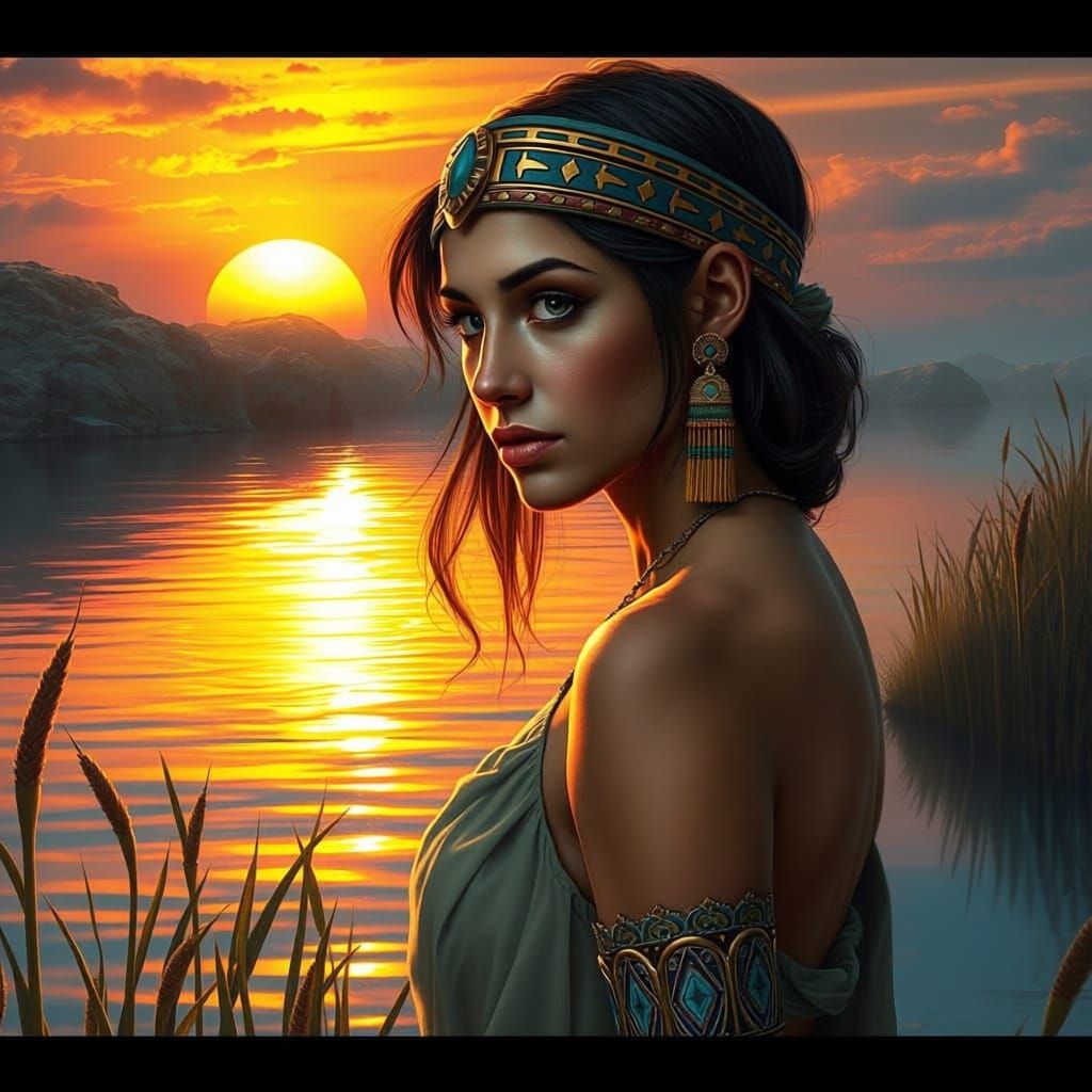 Egyptian Princess by River at Sunrise, Hyperrealistic