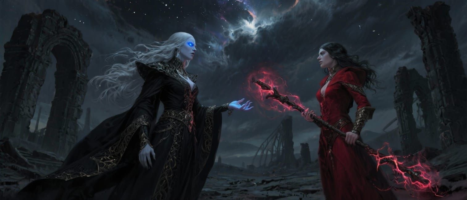 Two Sorceresses Clash in Ancient Ruins