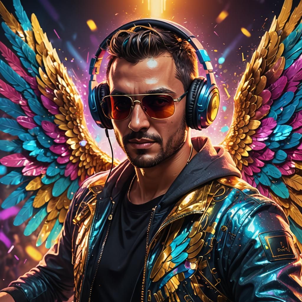 Male Latin DJ with Angel Wings at Rave