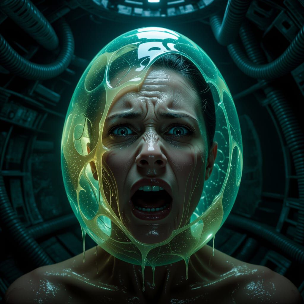 Macro Photo: Face Trapped in Bioluminescent Xenomorph Egg