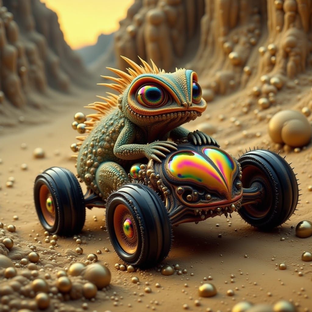 Chibi Lizard Races Cactus Car in Apocalyptic Wasteland