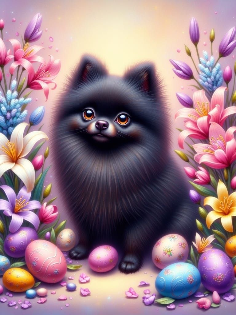 Whimsical Easter Pomeranian in a Pastel Wonderland