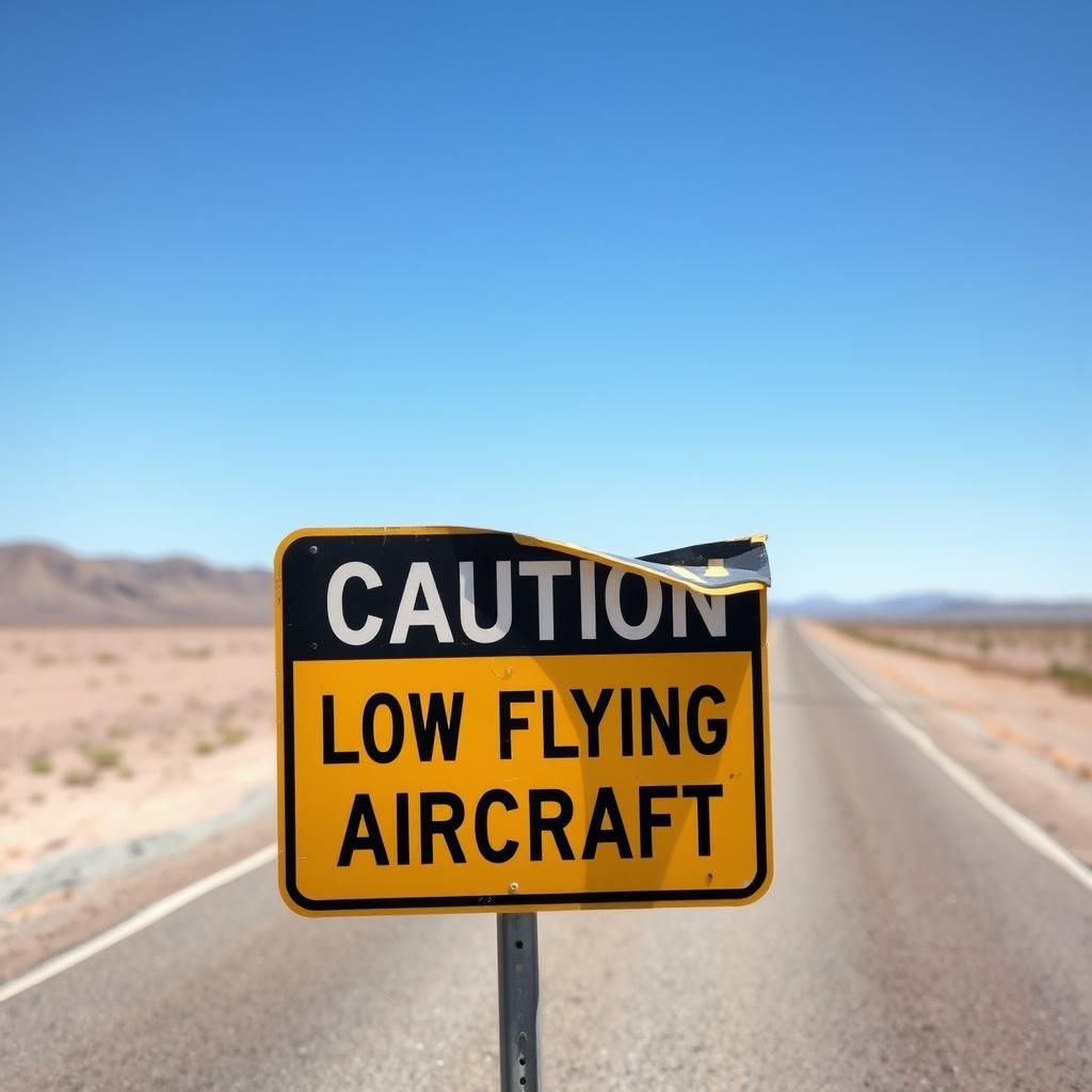 Humorous Low Flying Aircraft Caution Sign in Desert