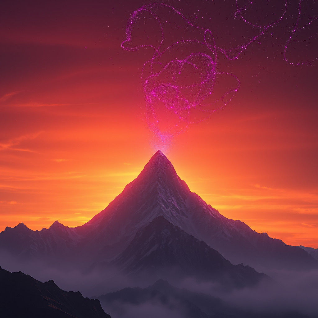 Mystical Sunset Over Mountain Peak as Matte Painting
