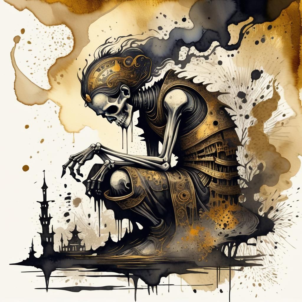 Ethereal Watercolor Portrait on Gold-Stained Parchment