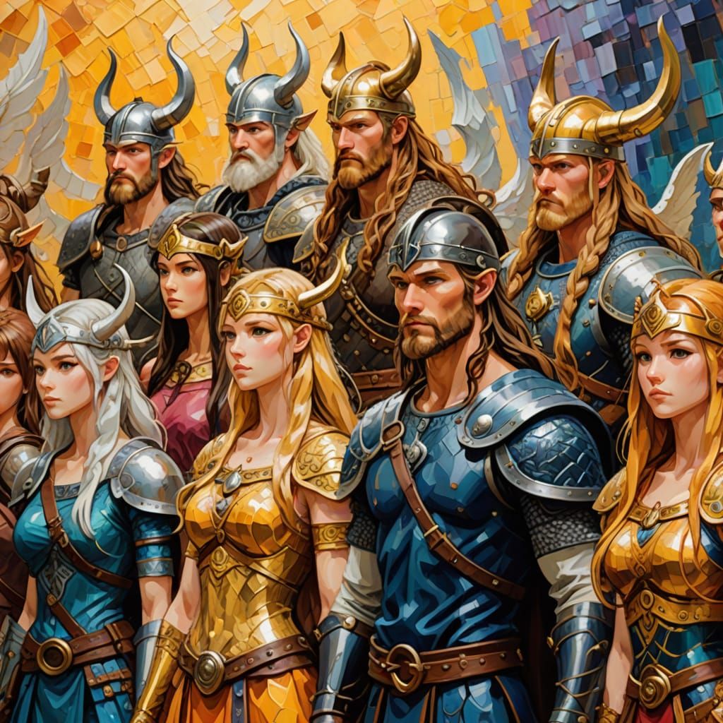 Vibrant Anime Heroes in Warm Golden Light, Neo-Impressionist...