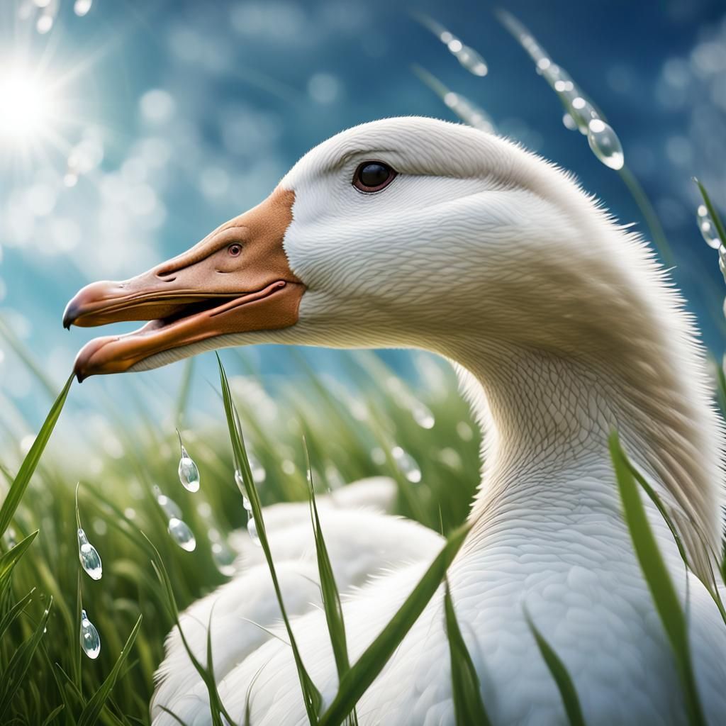 Majestic White Goose Spreads Wings in Meadow