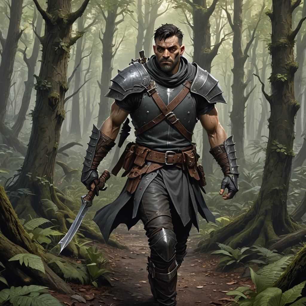 Fantasy Bandit Leader with Axe in Lush Forest