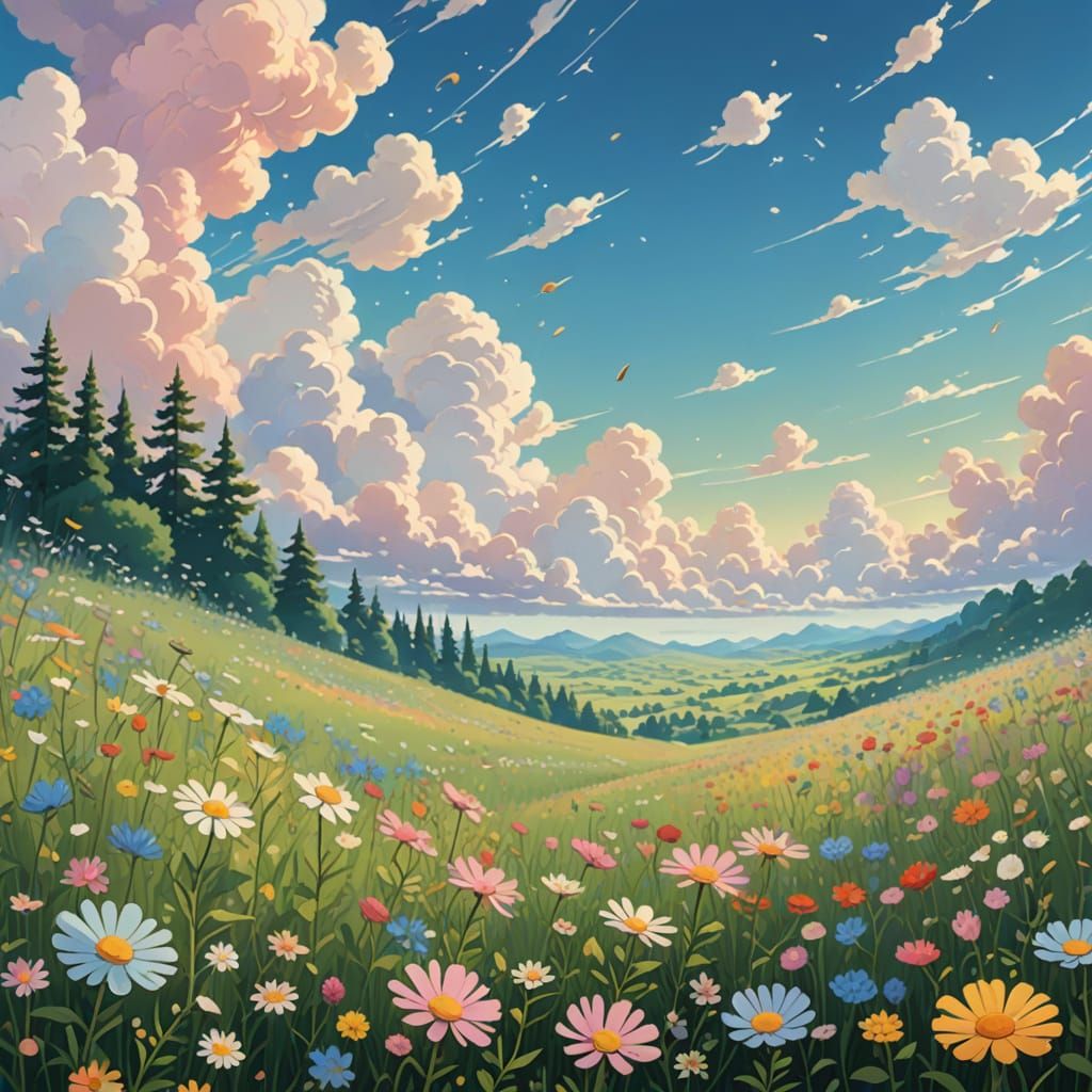 Whimsical Wildflower Clouds Drifting Petals