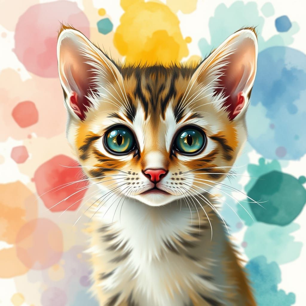 Whimsical Kitten with Dreamy Watercolor Background