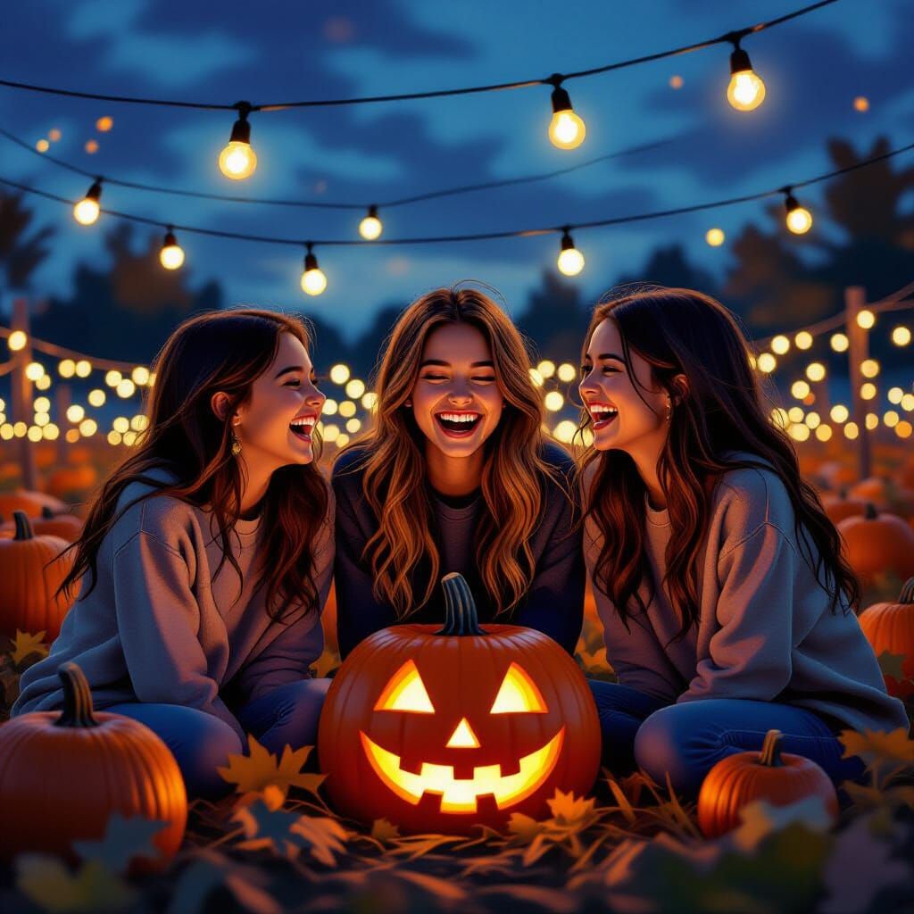 Teenage Girls Laughing in Flickering Pumpkin Patch at Twilig...
