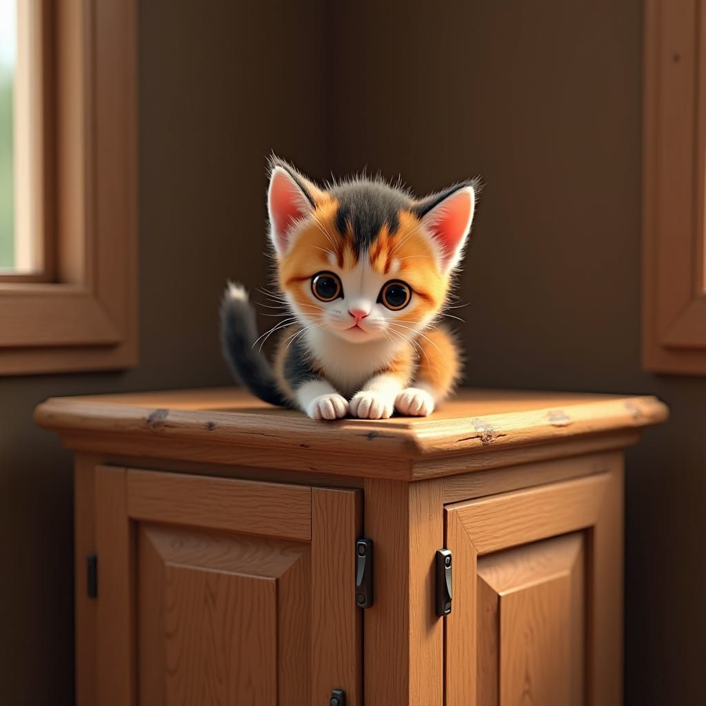 Tricolour Kitten on Rustic Cupboard, Anime Style