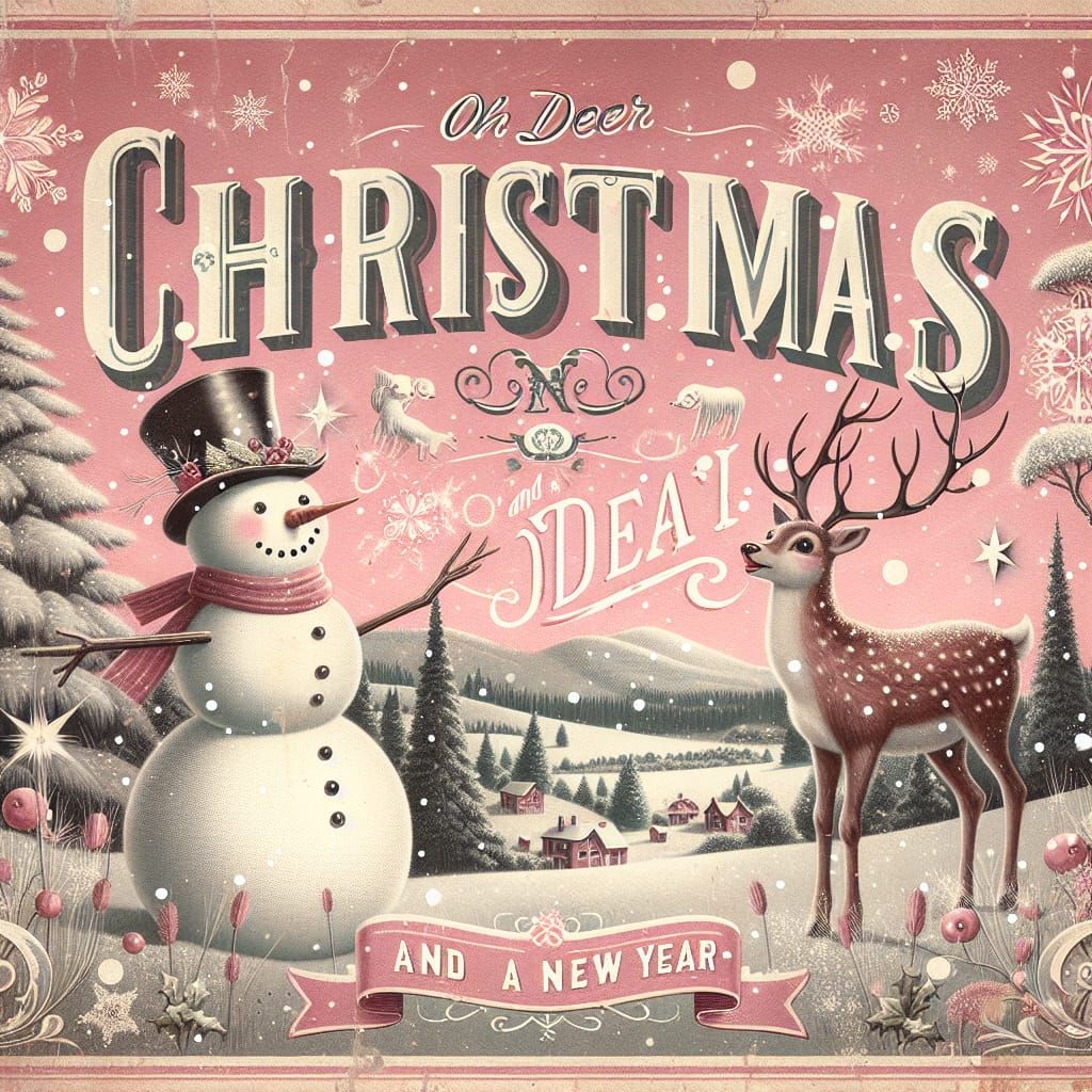 Vintage Christmas Card with Snowman and Reindeer