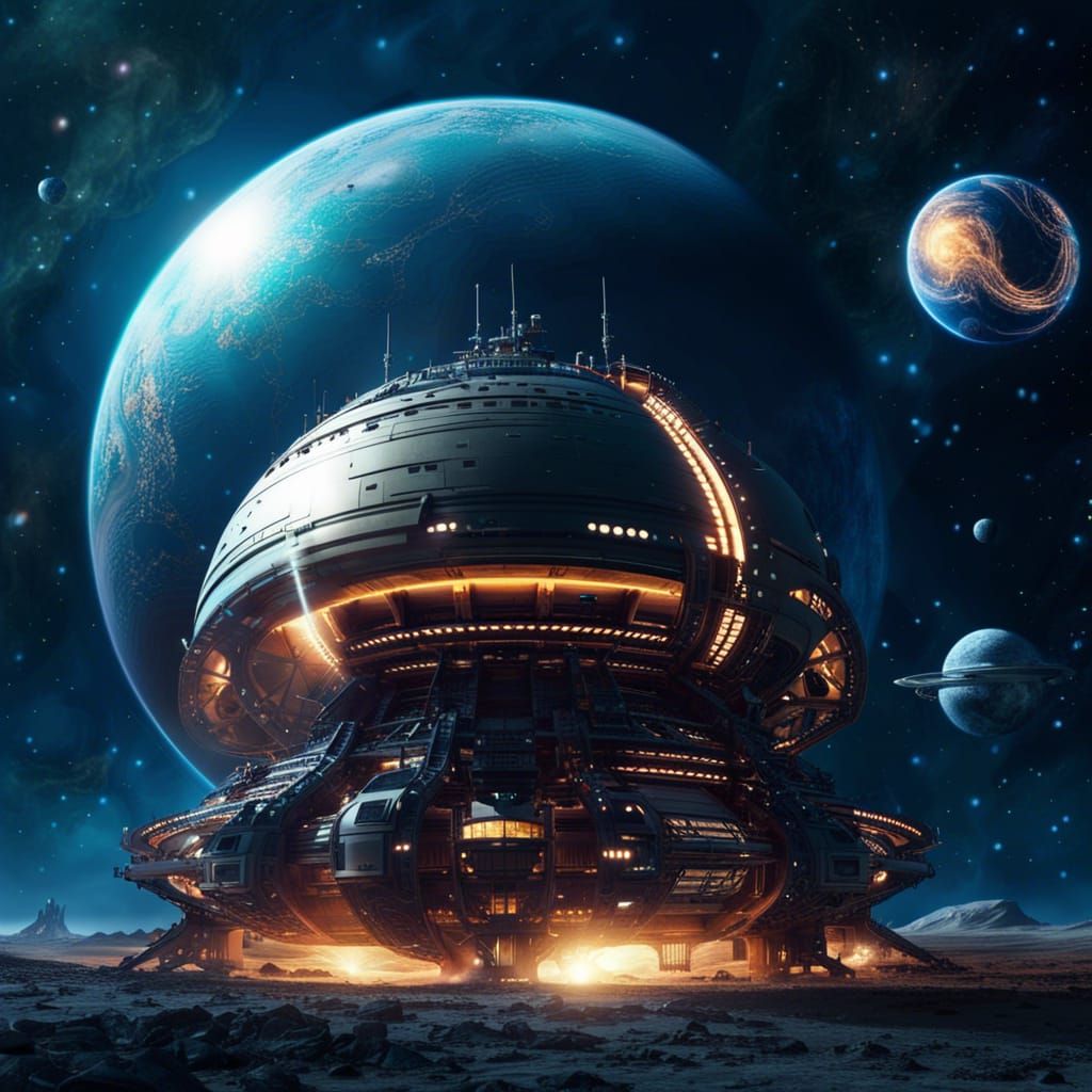 Marine Blue Spaceship Before Colliding Planets