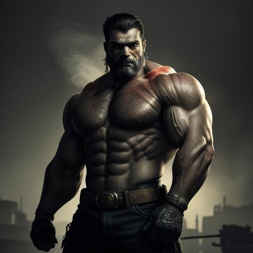Hyper-Masculine Figure in Industrial Setting: Digital Art